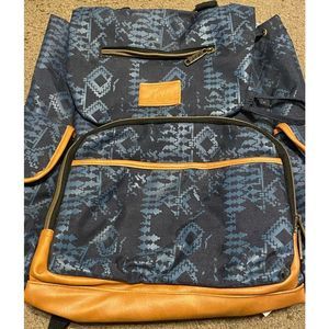 EUC Unisex Blue Canvas Beige Leather Native Print Kelty‎ Backpack